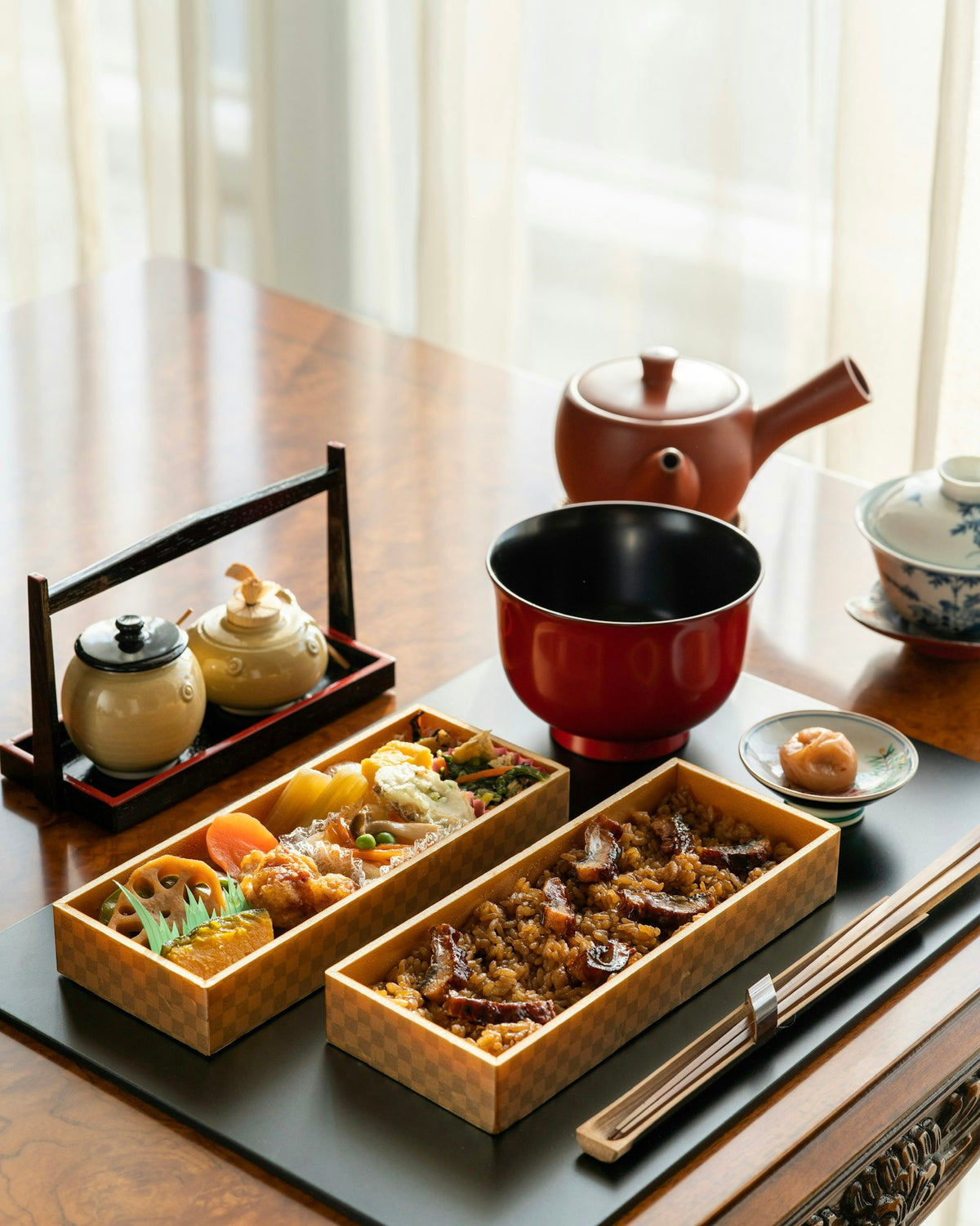 Japanese Bento Box Starter Set from Japan — Traditional Lacquered Box, Divider, Band, Chopsticks & Wrap Cloth, with English Guide