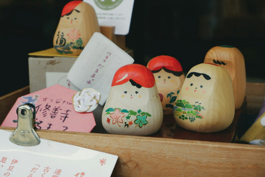 Japanese Kokeshi Doll Starter Set from Japan — Three Hand-Turned Tohoku Dolls & Display Stand, with English Guide